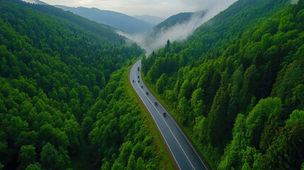 A scenic aerial view of a winding road surrounded by lush green forests with misty mountains in the background.