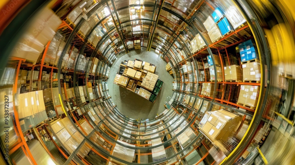 Poster a forklift moving through a circular warehouse filled with boxes