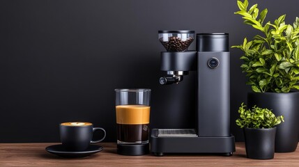 A dark backdrop featuring a barista's espresso machine and grinder under soft studio lighting perfect for promoting coffee-making tools focusing on craftsmanship and performance