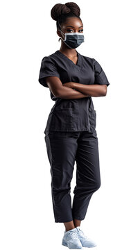 Doctor, nurse, african american woman in mask, confident and beautiful, full length, isolated, standing on the transparent background 