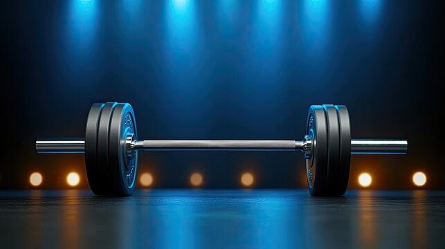 A dark studio backdrop featuring a barbell and weight set under focused professional lighting ideal for promoting gym equipment focusing on strength and durability