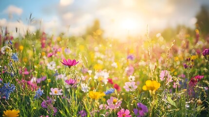 Obraz premium Vibrant Wildflower Meadow Under Bright Sky - Colorful and Uplifting Nature Scene