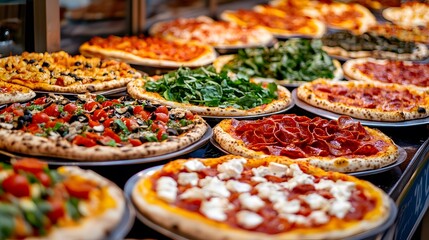 A colorful array of pizza toppings ready for customers to create their own pizzas