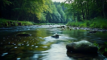 Naklejka premium Tranquil River Flowing Through Lush Forest Landscape with Rocks and Reflections