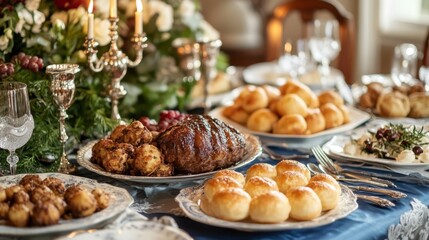 A traditional Hanukkah feast featuring latkes, sufganiyot, brisket, and elegant decorations in blue and silver with a menorah and floral arrangements at a festive dinner table