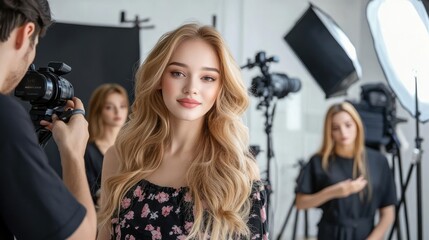 A makeup artist applying makeup to a model while the lighting team sets up reflectors in a professional studio great for showing the preparation and teamwork involved in a professi