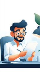 Illustration of a cheerful young man with glasses working at his desk, holding papers and a pen, with a lamp and plant in the background.