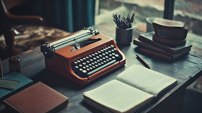 Vintage Typewriter, Books, and Writing Utensils on a Wooden Desk