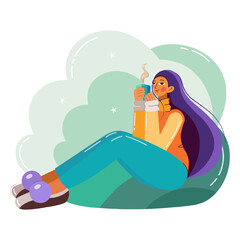 Young beautiful woman in a warm comfortable sweater sits in nature. The girl holds a cup of aromatic coffee drink in her hands. Illustration in flat cartoon style.