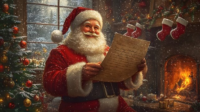 Santa Claus reading a list by the fireplace with Christmas decorations