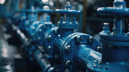 Fototapeta premium Close-up image of sturdy blue piping connectors in a factory setting, part of a larger industrial assembly line.