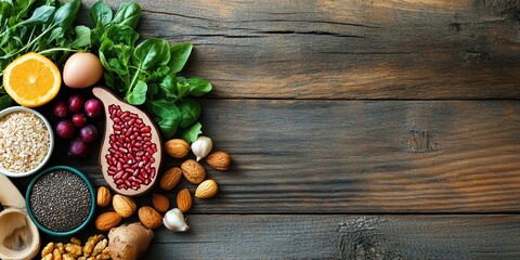 Fototapeta premium An overhead view of a variety of healthy foods rich in iodine, including leafy greens, nuts, seeds, fruits, and grains, arranged on a rustic wooden surface, emphasizing natural nutrition