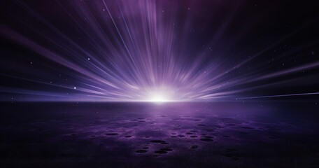 A stunning cosmic landscape with radiant light beams emerging from a horizon, creating a serene and mystical atmosphere.