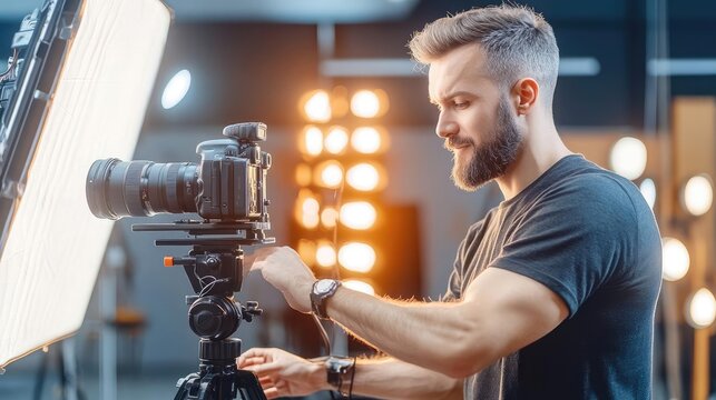 A professional lighting crew setting up LED lights and reflectors around a product in a studio while the photographer checks the exposure on his camera great for showing the techni