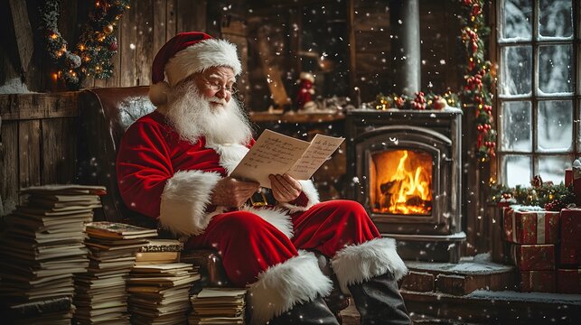 Santa Claus reading a list by the window with snow falling outside and a cozy fire inside the room