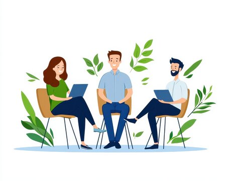 Team meeting illustration with three colleagues discussing work on laptops, surrounded by plants, conveying a collaborative work environment.