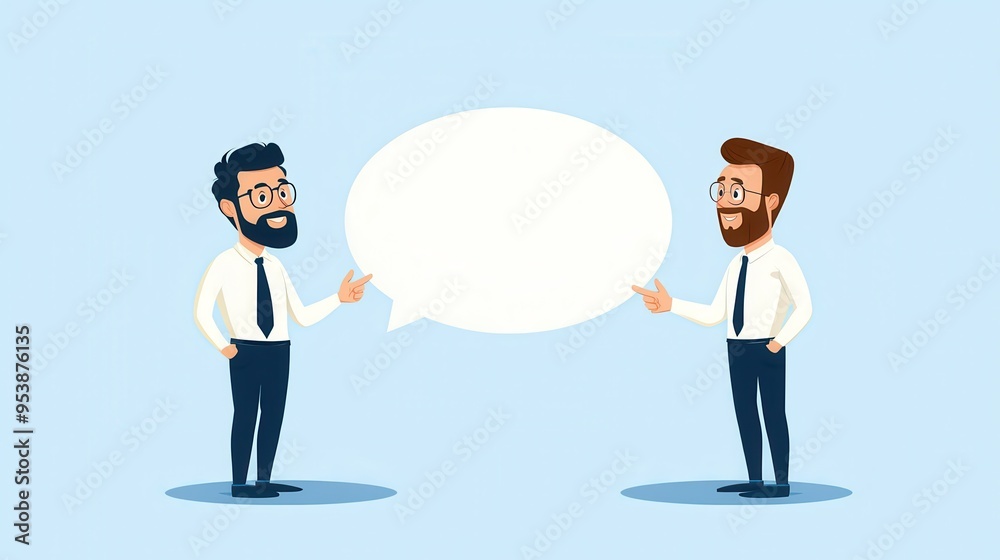Poster two cartoon businessmen discussing inside speech bubble on blue background. ideal for business commu
