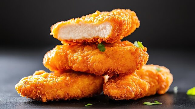 A serving of fried chicken tenders on a black background with soft professional lighting capturing the crispy golden coating and tender interior great for food advertising or menus