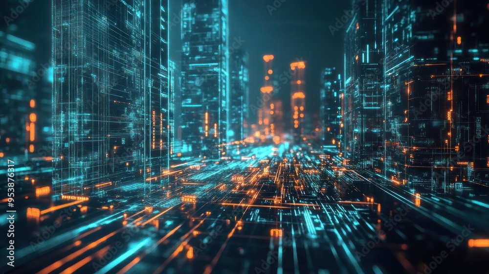 Poster futuristic cityscape with digital data and lines