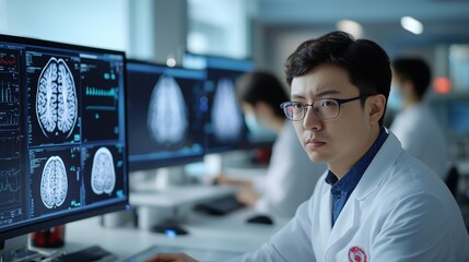 Asian professionals wearing white coats and glasses working in a laboratory environment.
