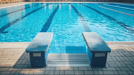 Obraz premium Competitive Swimming Pool with Clear Blue Water and Starting Blocks for Aquatic Sports Presentations