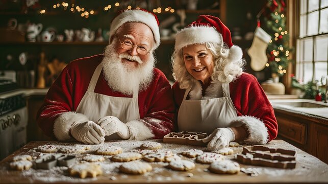 Santa Claus and Mrs. Claus baking Christmas cookies together in a warmly lit, festively decorated kitchen