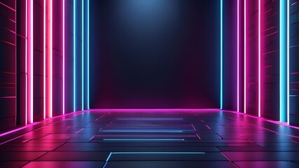 3d technology abstract neon light background, empty space scene, spotlight, dark night, virtual reality, cyber futuristic sci-fi background, street floor studio for mock up. colored geometric. See Les