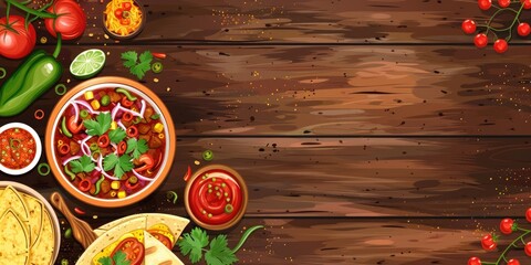 A vibrant display of Mexican cuisine on a wooden table.