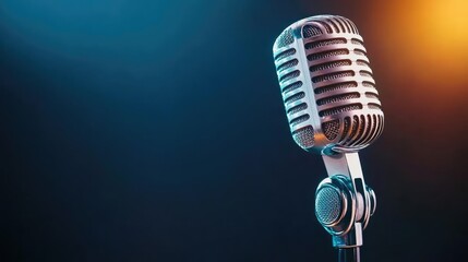 A single high-performance microphone placed against a dark background under precise studio lighting ideal for promoting audio equipment focusing on clarity and innovation