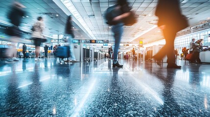 Blurred Motion at Bustling Airport Check-in Counters with Travelers and Luggage