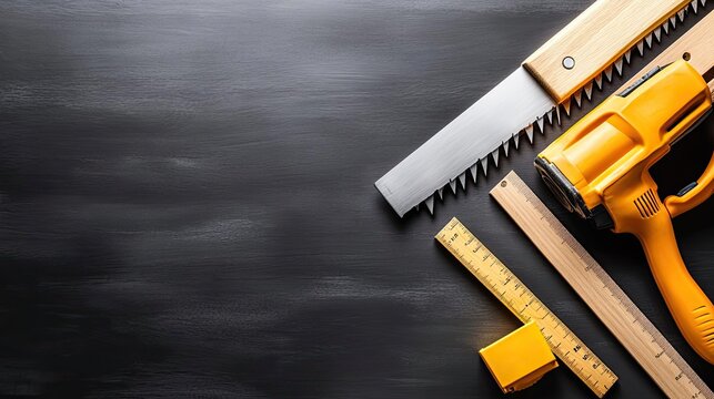 A sleek black background featuring a carpenter's saw and square under soft professional lighting perfect for promoting construction tools focusing on craftsmanship and reliability