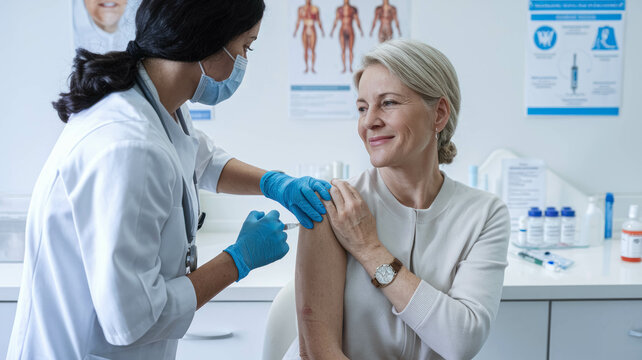 Healthcare Worker With Mask Administering A Vaccine To Middle-Aged Woman Patient, Senior Vaccination Campaign