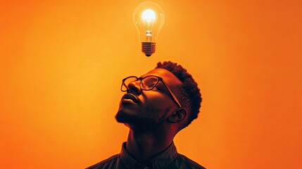 Thoughtful man lightbulb floats above head bright orange background glowing with ideas simple yet effective design conceptual creative focus inspiration