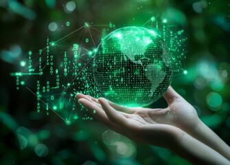 A digital illustration depicting a world map overlaid with binary code, showcasing a hand holding a glowing Earth sphere to symbolize the concept of global digital data transfer