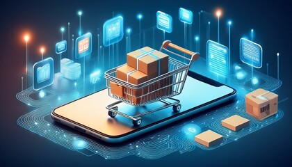 Illustration of a miniature shopping cart placed on a smartphone, filled with branded product boxes, in an abstract environment representing global connectivity. Generative AI