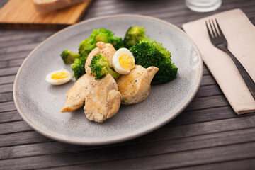 Chicken breast with broccoli and quail eggs on plate for healthy dinner