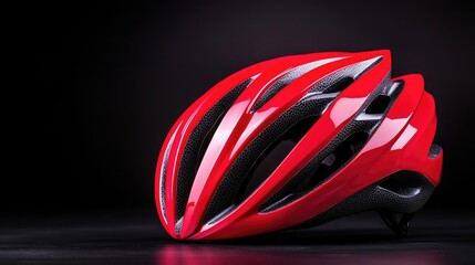 A well-designed bicycle helmet placed against a dark black background with professional lighting perfect for promoting sports safety gear focusing on protection and style