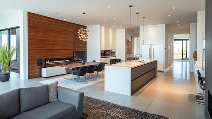 Contemporary open-plan living area with a modern kitchen island, clean lines, and minimalist decor
