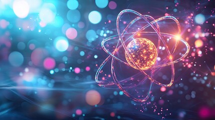 Intricate molecular structure of an atom showcasing electron orbits and nucleus in vibrant colors with a high-tech background
