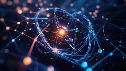 Sophisticated atomic model displaying molecular structure with orbiting electrons and a bright nucleus in a cutting-edge visual theme