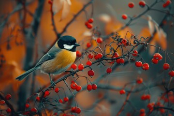 Obraz premium Bird with a yellow chest and black head perched on red berry branches.