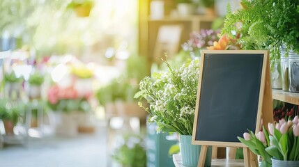 Blackboard sign hanging in a floral shop, ready for daily specials or greetings, blackboard signage, flower shop, decor