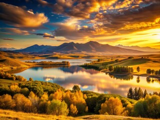 Obraz premium A majestic, panoramic landscape featuring a serene lake, rolling hills, and a distant mountain range, with a stunning
