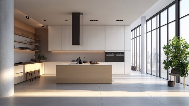Sleek and modern kitchen with minimalist decor, clean lines, and an open-plan layout in a contemporary loft