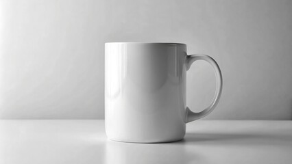 Obraz premium Realistic stock photo of a ceramic mug mockup with a clean white theme, set on a minimalist white background, highlighting the mug's smooth surface and glossy finish