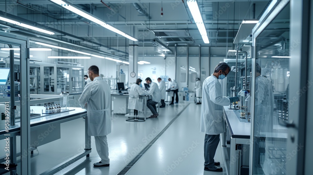 Poster a group of scientists are working in a lab