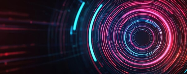Obraz premium Digital neon circle with streaming light lines on a dark background, illustrating advanced tech and digital flow