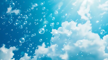 Soapy Bubbles Floating in a Sunny Blue Sky with Fluffy White Clouds