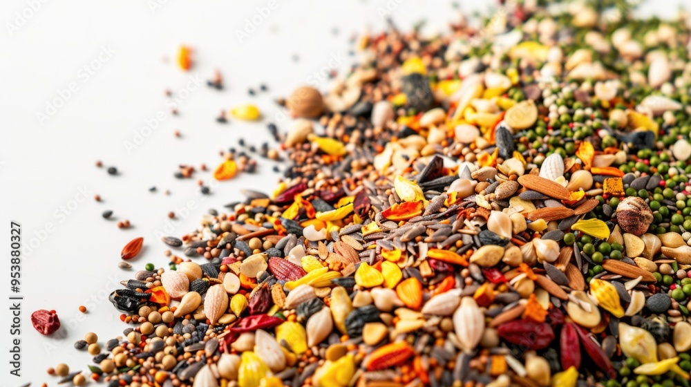 Wall mural spices such as peppercorns, paprika and others arranged in a pattern for display.