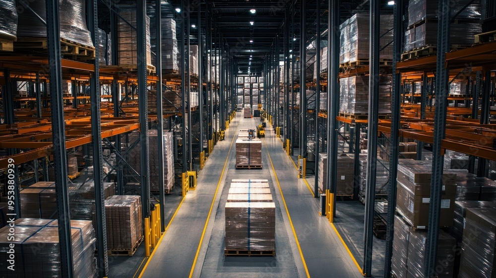 Poster warehouse interior with rows of palletized boxes and forklift